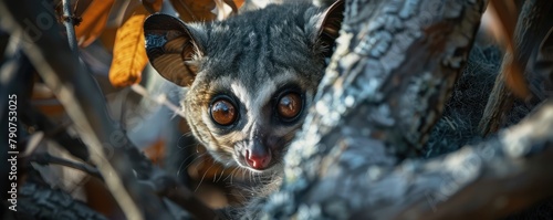 portrait of a bushbaby with disproportionately large eyes in a shadowy