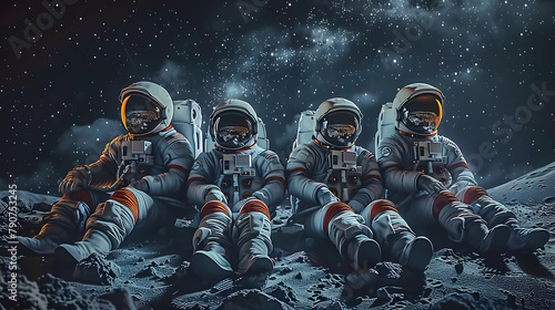 Four astronauts in spacesuits resting on a moon-like terrain with a dark, starry background, depicting a space exploration team