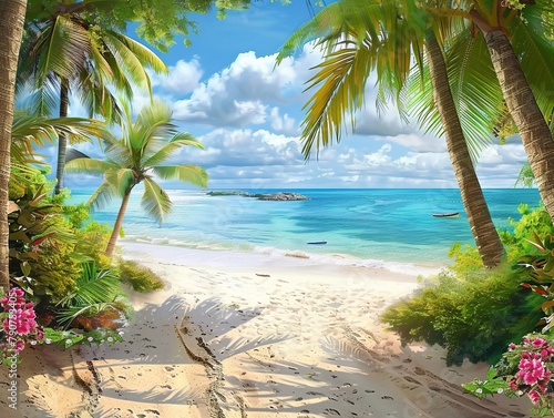 AI generated illustration of a sandy beach with coconut trees and blue sea in a tropical setting