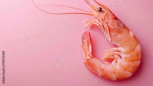 Cooked shrimp on pink surface with space for text