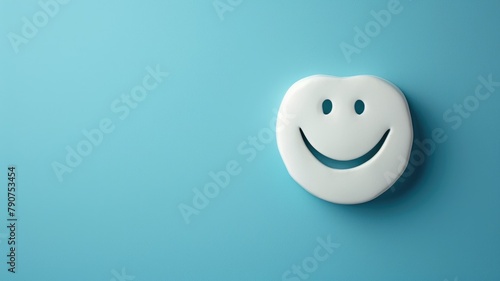 White smiling face icon on blue background
