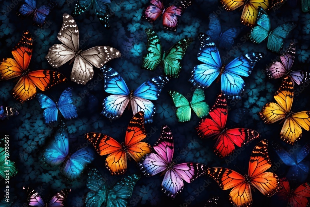 Multicolored butterflies on a dark summer background. Multicolored butterflies on a dark summer background.