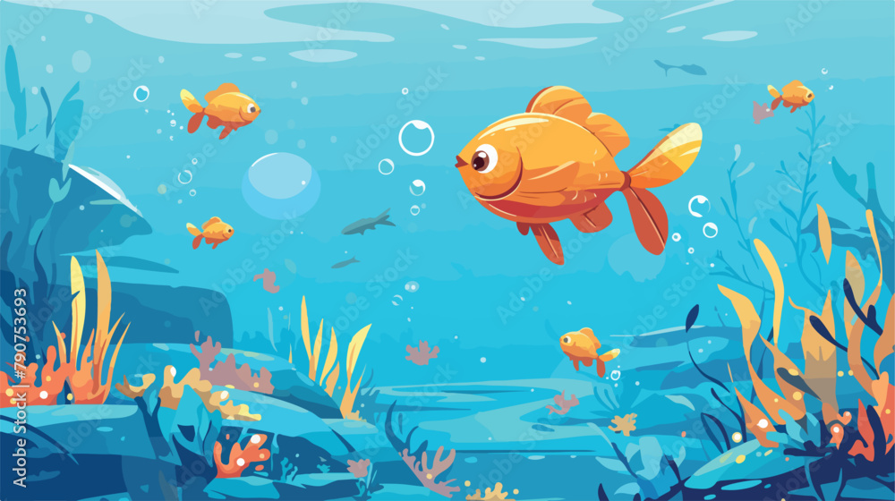 Cartoon golden fish in the aquarium 2d flat cartoon