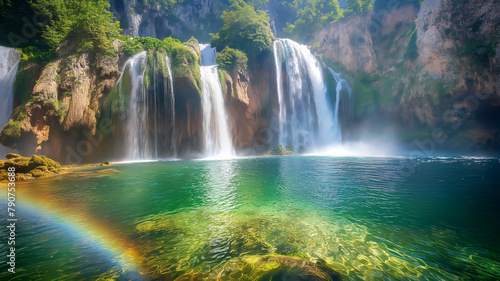 a majestic waterfall cascading down rugged cliffs into a crystal-clear pool below