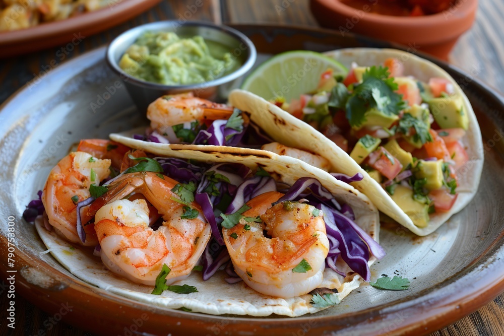 Three Shrimp Tacos on Cutting Board With Limes and Cilantro Three Shrimp Tacos on Cutting Board With Limes and Cilantro