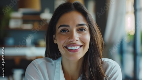 Wallpaper Mural Smiling Young Woman in Bright Modern Home Interior Torontodigital.ca