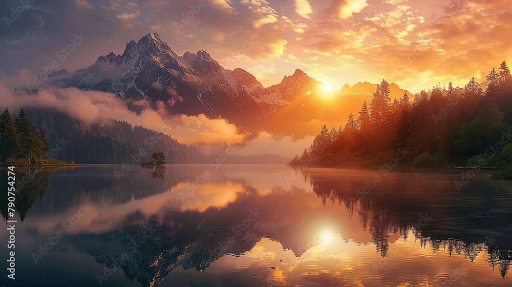 A beautiful landscape with mountains, a lake, and a forest. The sun is setting and the sky is a golden orange color. The water is calm and still. The trees are reflected in the water. The mountains ar
