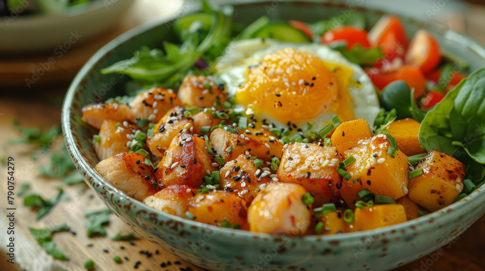 A bowl of delicious food with chicken, mango, egg, and salad. A bowl of delicious food with chicken, mango, egg, and salad.