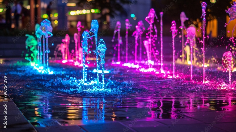 Playful water dances joyfully in a neon ligting fountain, its sparkling jets reaching towards the sky in an exuberant display of energy.