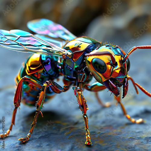 놀라운 금속 외골격을 갖춘 미래형 개미 또는 말벌
