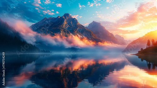 A beautiful landscape image of a lake and mountains in the distance with a pink and blue sky and clouds. photo