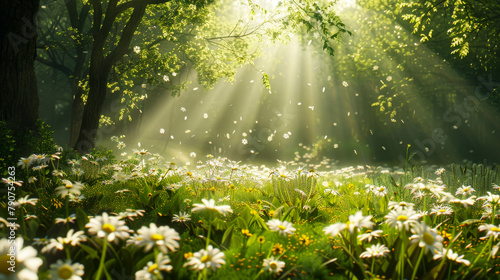 A beautiful clearing in the forest with a meadow full of flowers and sunshine streaming through the trees.