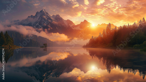 A beautiful landscape with mountains  a lake  and a forest. The sun is setting and the sky is a golden orange color. The water is calm and still. The trees are reflected in the water. The mountains ar