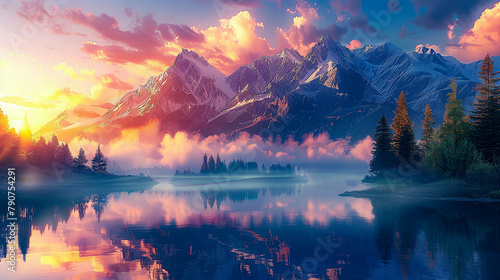 A beautiful landscape image of a mountain lake at sunrise. The sky is a gradient of orange and pink, and the mountains are covered in snow. The lake is calm and still, and the trees are reflected in t