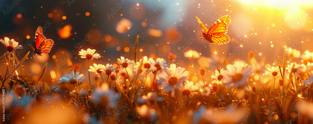 Two vibrant butterflies dance among daisies in a field aglow with the enchanting light of a golden sunset, creating a scene of natural splendor.