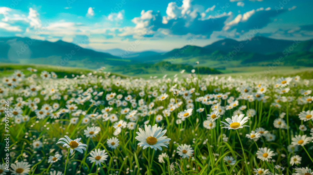 A field of white daisies with yellow centers and green grass under a blue sky with white clouds and mountains in the distance. A field of white daisies with yellow centers and green grass under a blue sky with white clouds and mountains in the distance.