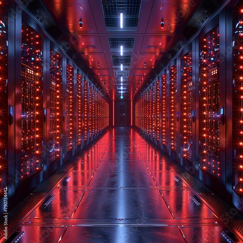 A corridor in a data center, illuminated by striking red LED lights, showcasing rows of high-tech servers and the essence of modern computing infrastructure.