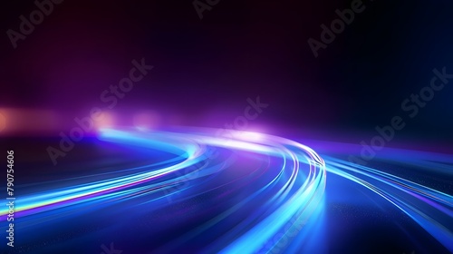 Blue curved light track on purple background, abstract technology and speed concept with glowing lines