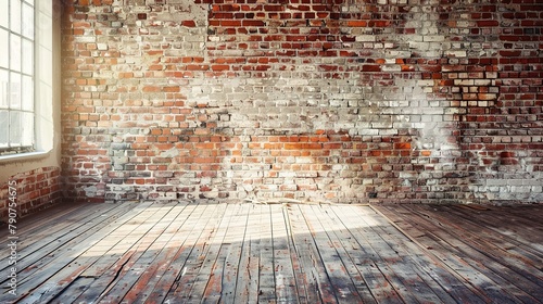 Close-up of red brick wall with worn concrete floor photo