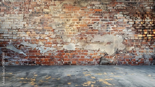 Close-up of red brick wall with worn concrete floor