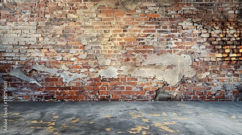 Close-up of red brick wall with worn concrete floor photo