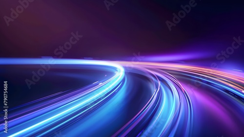 Blue curved light track on purple background, abstract technology and speed concept with glowing lines