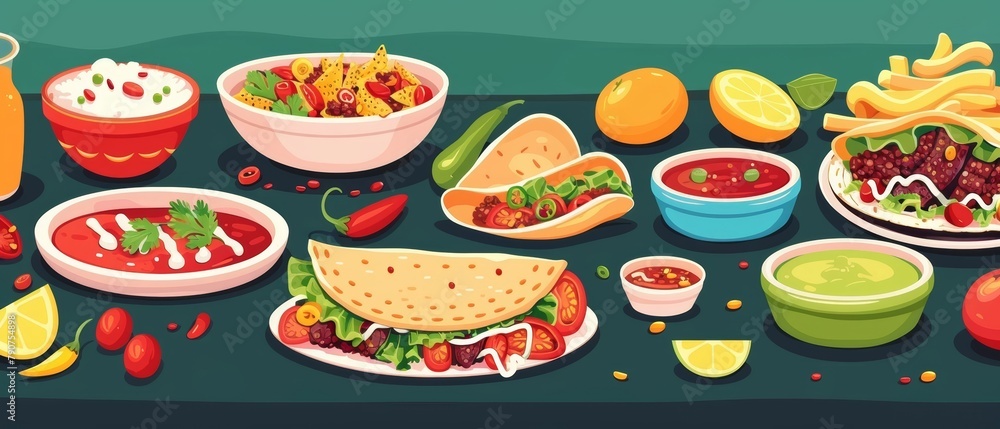 An abundant spread of classic Mexican dishes, including tacos, nachos, salsas, and citrus-infused accompaniments, creating a vibrant and mouth-watering feast. An abundant spread of classic Mexican dishes, including tacos, nachos, salsas, and citrus-infused accompaniments, creating a vibrant and mouth-watering feast.