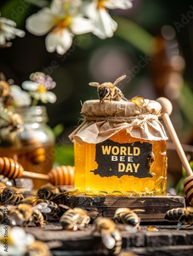 A honey jar with a 'World Bee Day' label stands amidst a flurry of bees and blooming flowers.