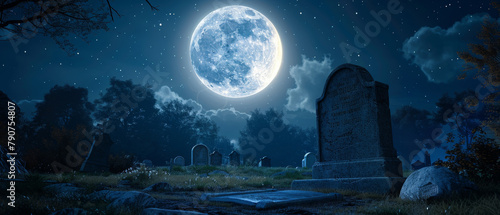 cemetery at night with a large moon in the sky halloween background
