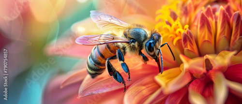 A honeybee clings to the petal of a dahlia, with a luminous bokeh that echoes the warmth of a sunlit garden.