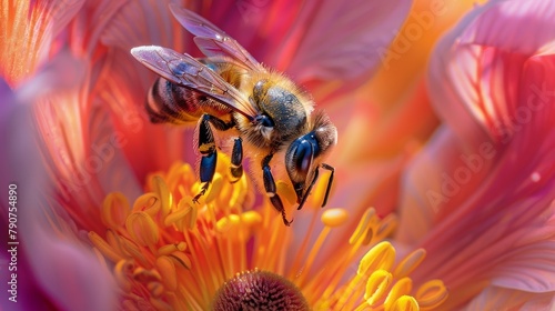 A close-up shot of a honey bee pollinating the pollen-rich center of a vibrant, colorful flower with delicate, feathery petals in shades of orange and purple. © Artsaba Family