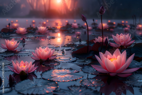 Twilight Lotus Bloom Pond - Peaceful and Soothing