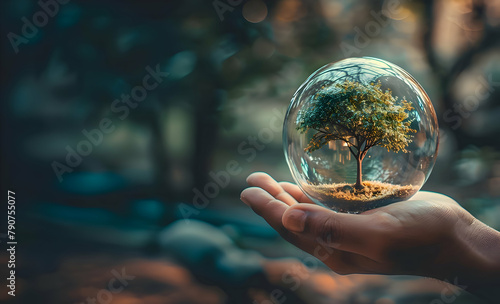 Earth Day. Environment Protection Concept Poster with Tree Inside Glass Ball