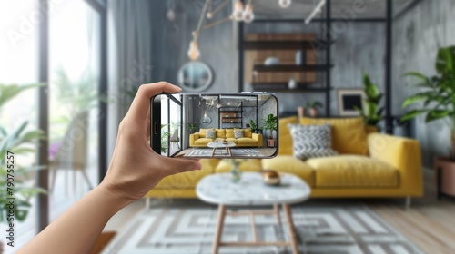 A user's smartphone displays an AR concept of a chic urban living space featuring a vibrant yellow sofa and modern aesthetics.