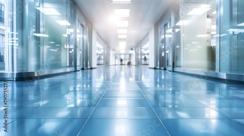 Panoramic light blue blurred background image of a spacious public office corridor or mall space. © horizor