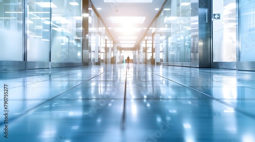 Panoramic light blue blurred background image of a spacious public office corridor or mall space.