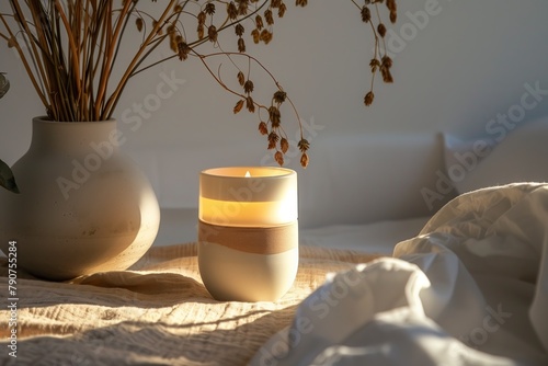 A candle is sitting on a table in a bedroom