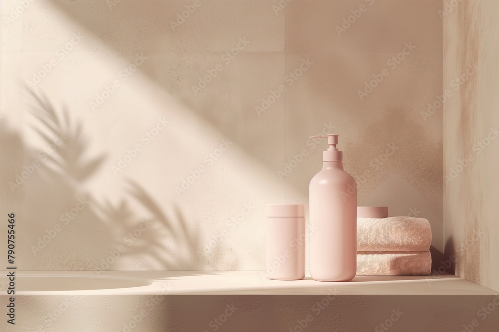A bottle of lotion sits on a shelf next to a cup and a stack of towels A bottle of lotion sits on a shelf next to a cup and a stack of towels