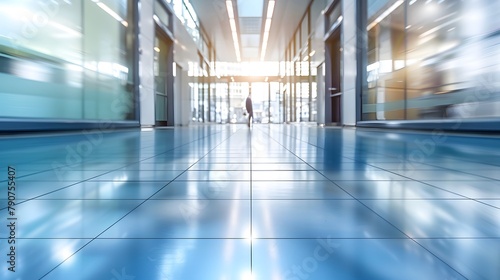 Panoramic light blue blurred background image of a spacious public office corridor or mall space.