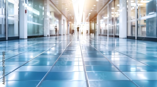 Panoramic light blue blurred background image of a spacious public office corridor or mall space.