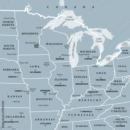 Midwest Region of the United States, gray political map. Midwestern United States or American Midwest, a geographic region, south of Great Lakes, bordered by Mid-Atlantic, the South and Great Plains.