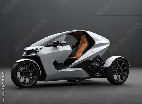 new EV concept car, e-trike design launch, vehicle isolated in white and grey
