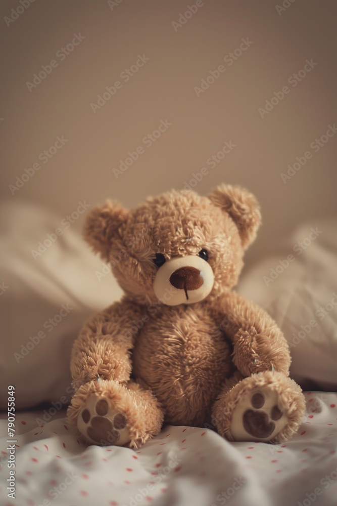 A teddy bear is sitting on a bed with a window in the background