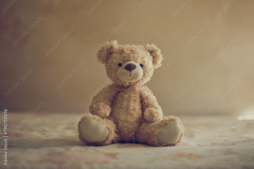 A teddy bear is sitting on a bed with a window in the background A teddy bear is sitting on a bed with a window in the background