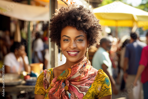 Happy African Woman with Curly Hair and Colorful Scarf in a Busy Market