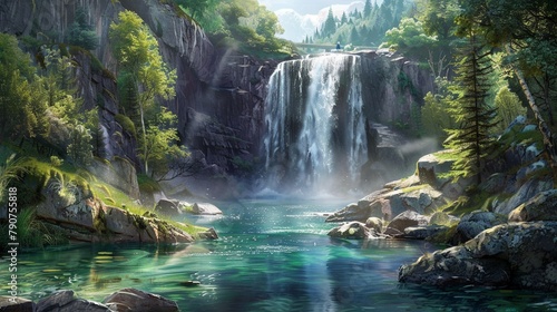 Powerful waterfall plunging into a crystal-clear pool below  creating a refreshing oasis in the wilderness.