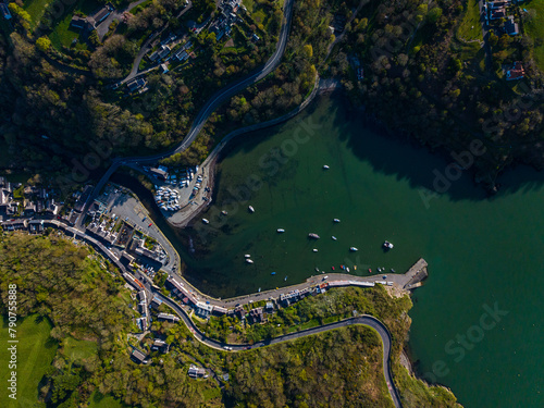 Aerial mosaic photo of Fishguard harbouring port with boats on summer afternoon.