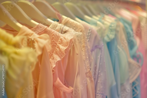 A rack of clothes with a variety of colors including pink, blue, and green