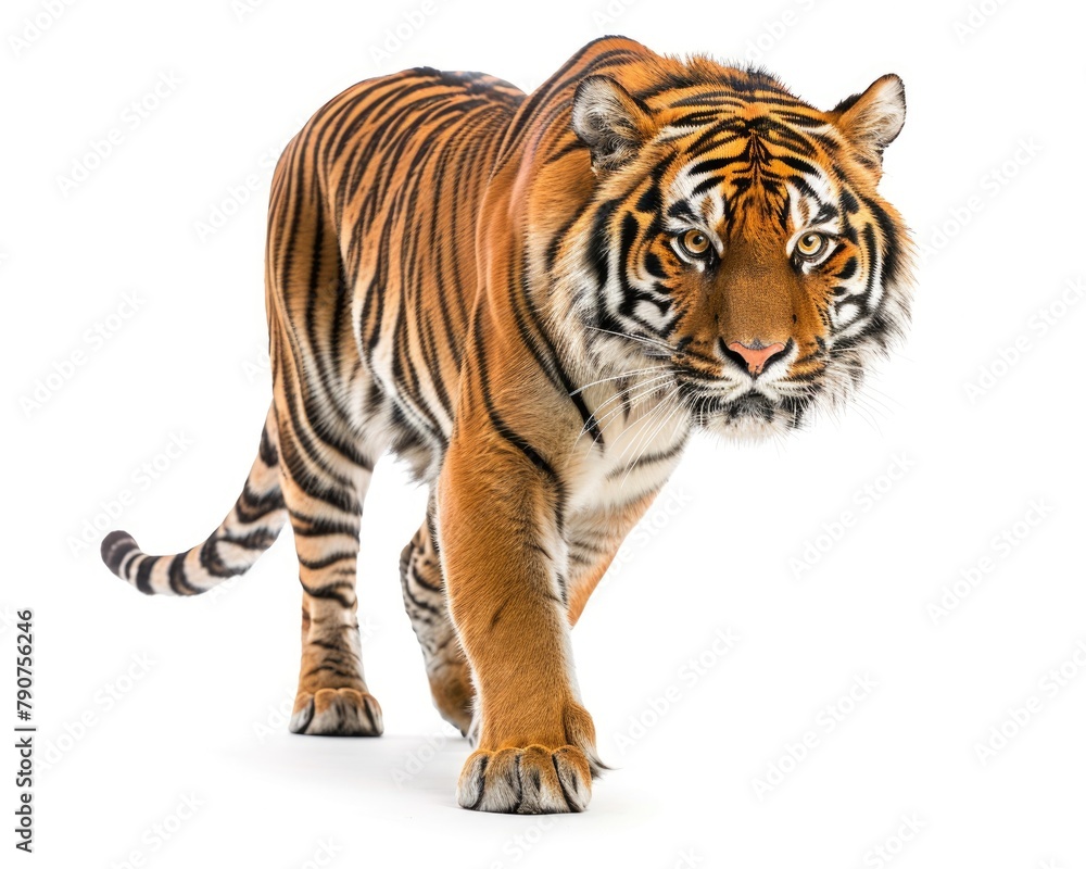 Big Cat in Action: Tiger Walking on White Background - Front View of Tiger in Motion, Isolated White Background, Felino Wildlife Animal Photography