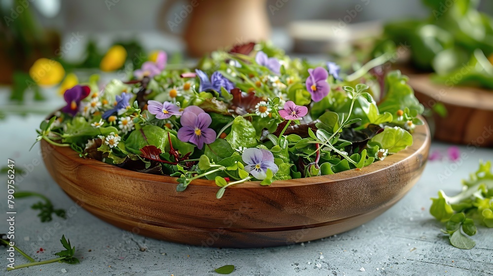 A vibrant salad enriched with edible flowers, offering a feast for the senses, perfect for health-conscious consumers and culinary artistry. A vibrant salad enriched with edible flowers, offering a feast for the senses, perfect for health-conscious consumers and culinary artistry.